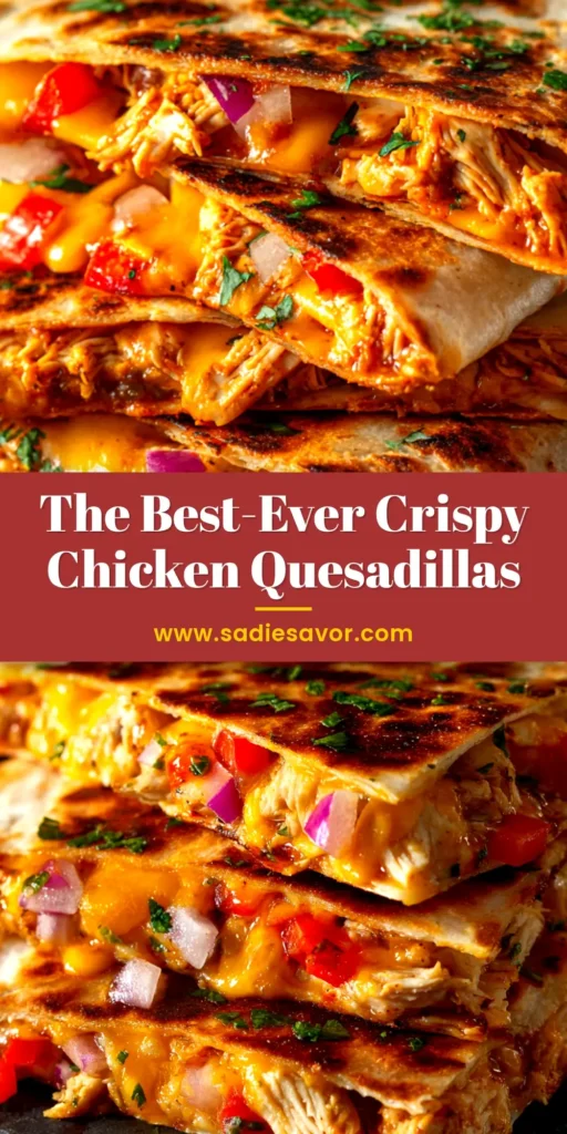 A perfectly golden brown and crispy chicken quesadilla cut into wedges on a wooden board, with melted cheese oozing from the sides. Served with a side of sour cream and salsa.