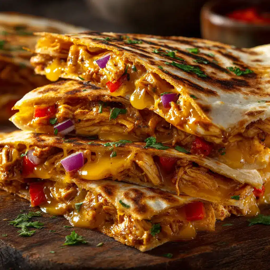 A stack of freshly cooked crispy chicken quesadilla wedges, showing the golden-brown crust and the melted cheese pulling from the center.