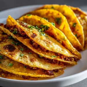 A close-up of several Tacos Dorados fresh from the fryer, resting on a wire rack to drain. The focus is on their golden, bubbly, and crispy texture.