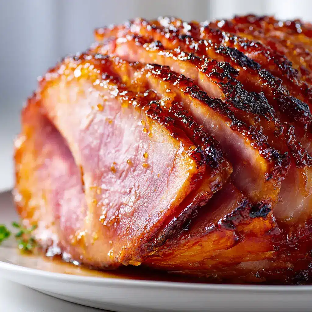 A detailed close-up of the finished honey baked ham, showing the crispy, crackly texture of the caramelized glaze on the edges of the ham slices.