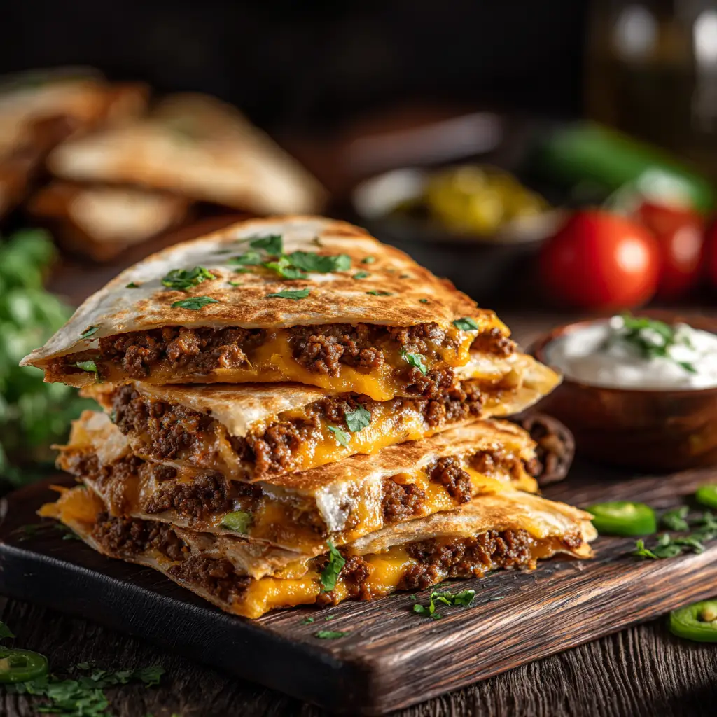 Smashburger Quesadillas: The Ultimate Viral Recipe 2 A stack of golden-brown cheeseburger quesadillas on a plate, showing the layers of seasoned ground beef and melted American cheese inside a crispy tortilla.