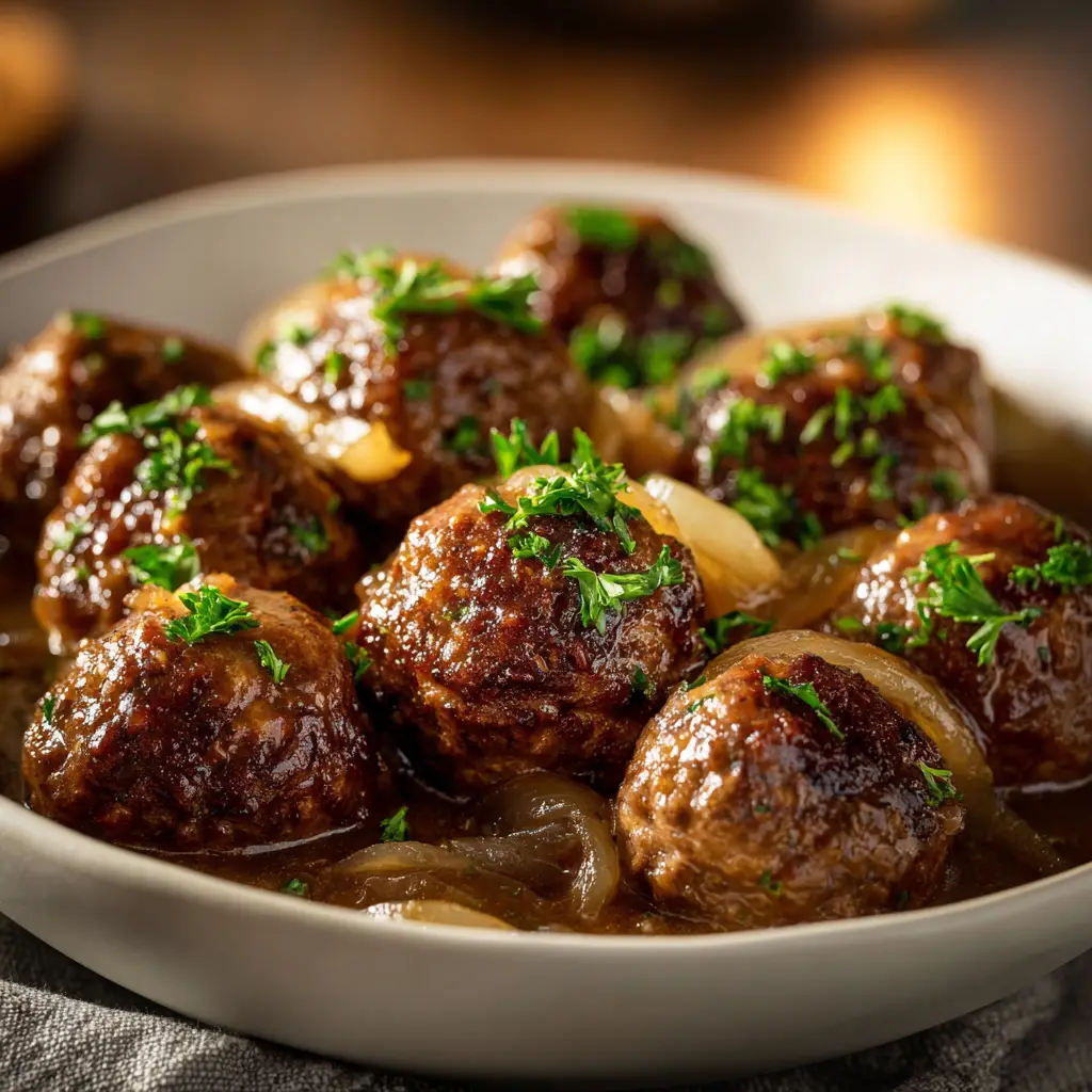 Another view of the crockpot french onion meatballs served in a rustic bowl, garnished with fresh thyme for an aromatic touch.