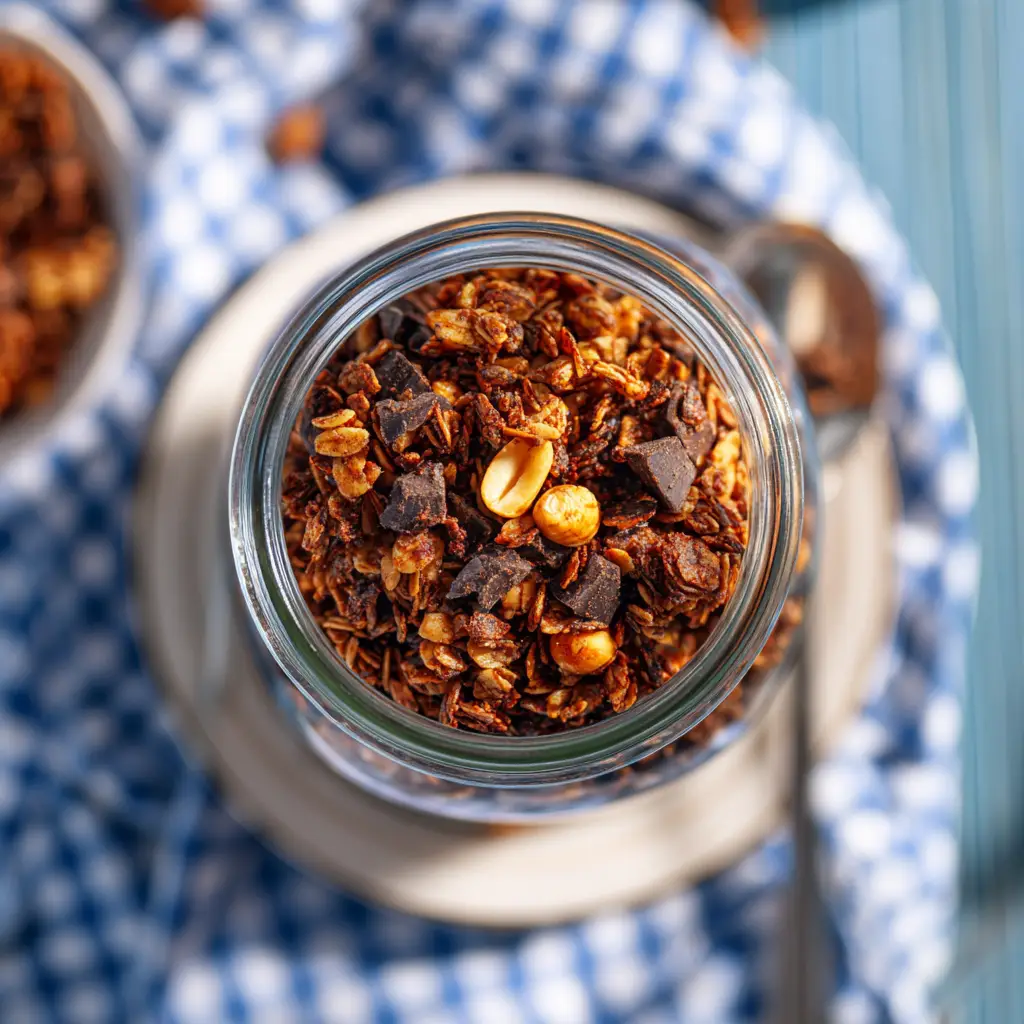 A close-up view of dark chocolate granola clusters in a white bowl, showing the rich texture of the oats and nuts.