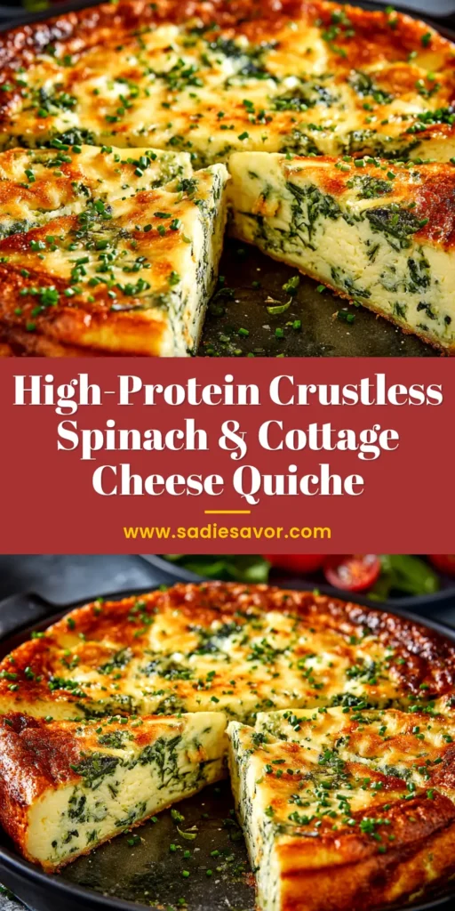 A golden-brown baked crustless spinach quiche in a white pie dish, with a single slice removed to show the fluffy egg and spinach interior.