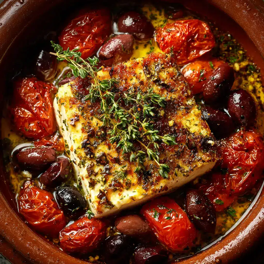 A piece of crusty bread being dipped into a warm baked feta appetizer, highlighting the dip's creamy consistency and fresh herbs.