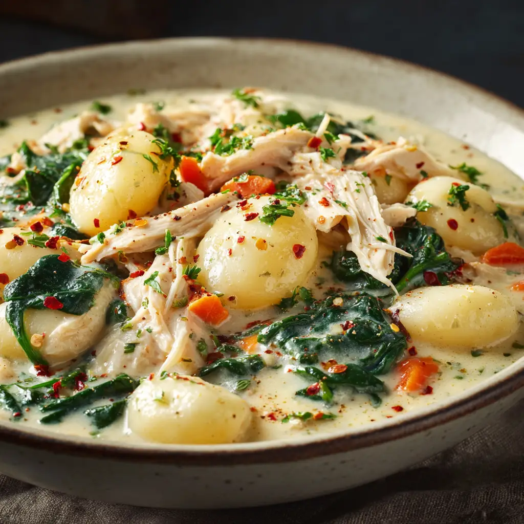 A spoonful of creamy chicken gnocchi soup being lifted from a bowl, showing the texture of the broth and ingredients like carrots and chicken up close.