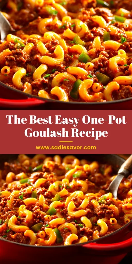 A close-up shot of a white bowl filled with a rich and savory Easy Goulash Recipe, topped with fresh parsley. The perfect one-pot American comfort food.