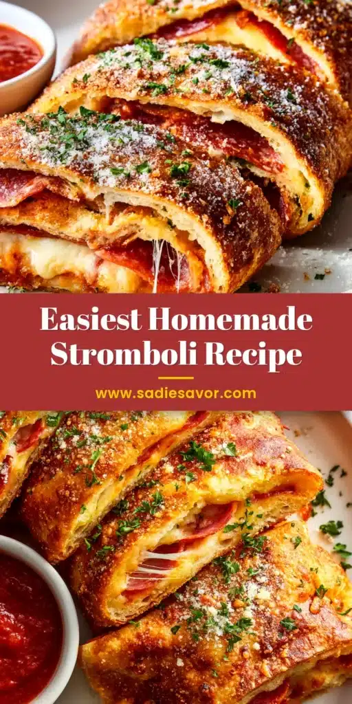 A perfectly baked stromboli recipe sliced to show layers of pepperoni, ham, and melted cheese, with a side of marinara sauce for dipping.