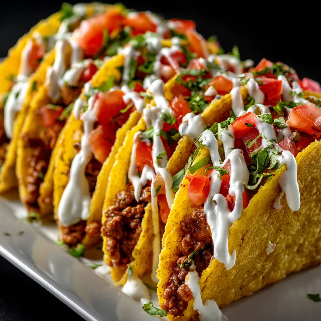 A plate of several loaded tacos, overflowing with cheese, lettuce, and tomatoes. A delicious and easy ground beef taco dinner.
