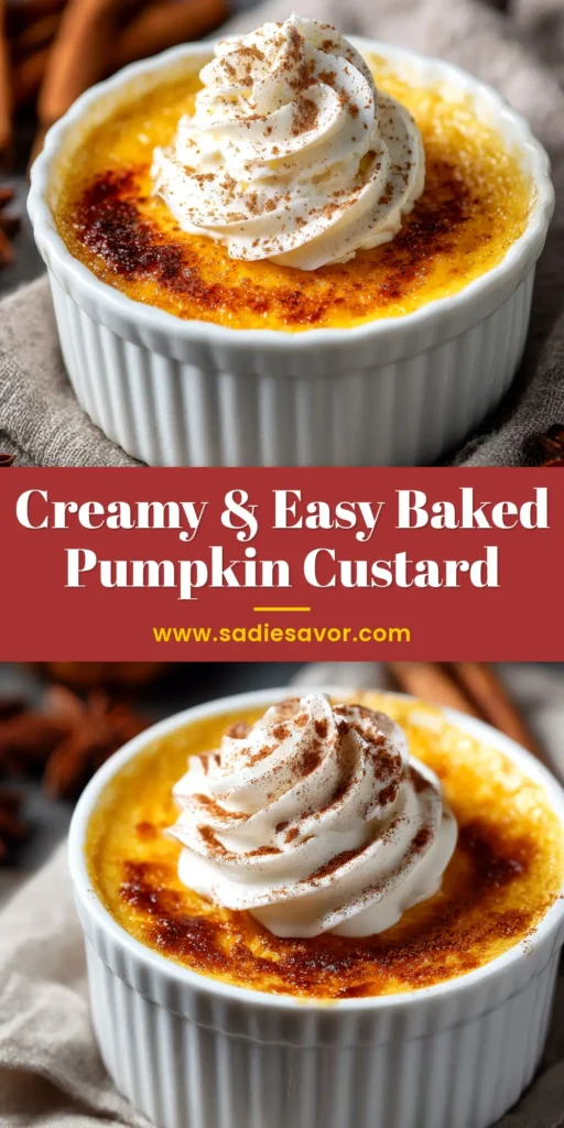 A single serving of creamy baked pumpkin custard in a white ramekin, topped with a dollop of whipped cream and a sprinkle of cinnamon. The custard has a vibrant orange color.