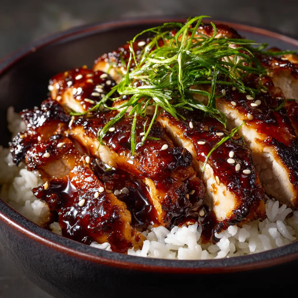 Another perspective of the savory teriyaki chicken recipe, with pieces of chicken piled high, showing off the delicious, thick glaze. An ideal easy weeknight dinner.
