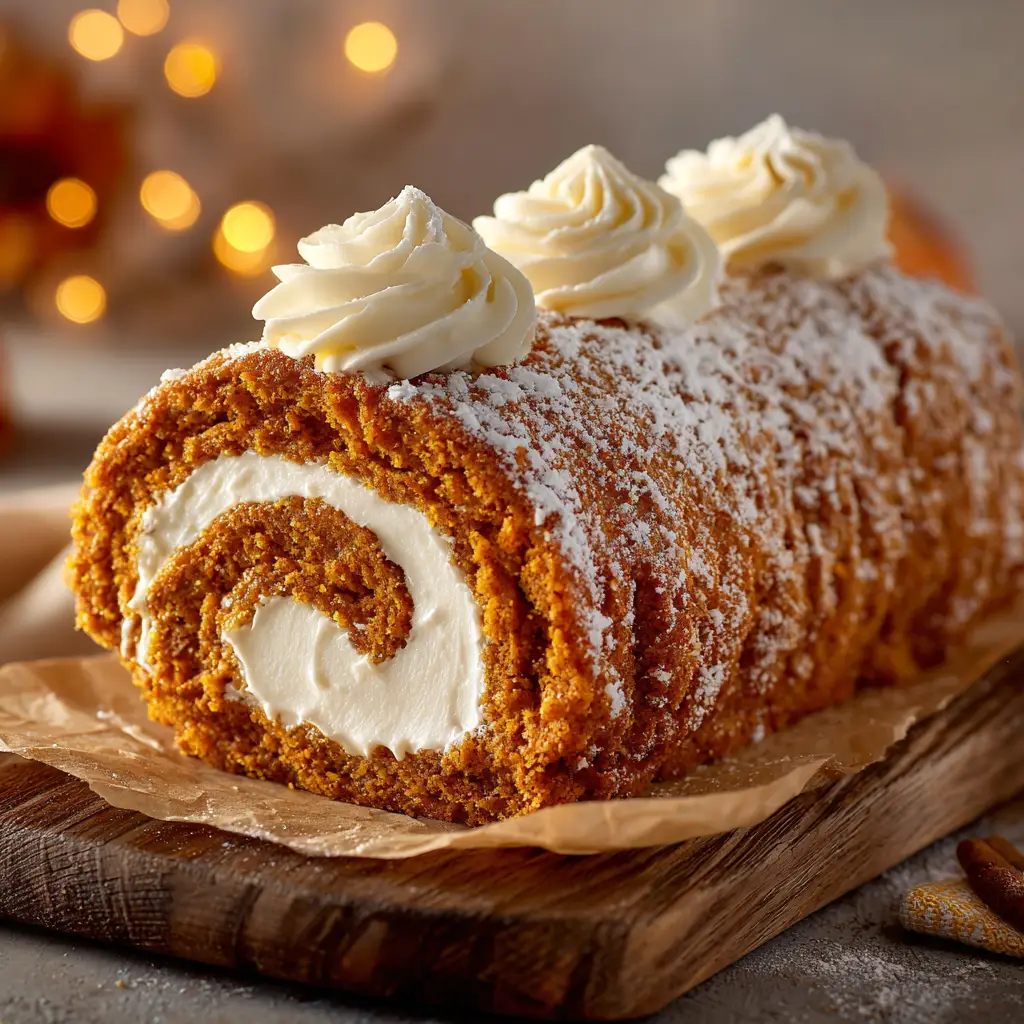 Pumpkin Roll Recipe: The Ultimate Guide to a Perfect No-Crack Cake 2 A close-up shot of a pumpkin cake roll being filled with a generous layer of tangy cream cheese frosting before being rolled up.