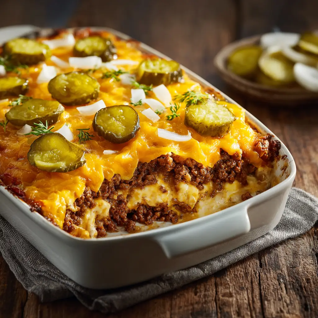 The final Big Mac Casserole topped with a generous drizzle of homemade special sauce, lettuce, and pickles.
