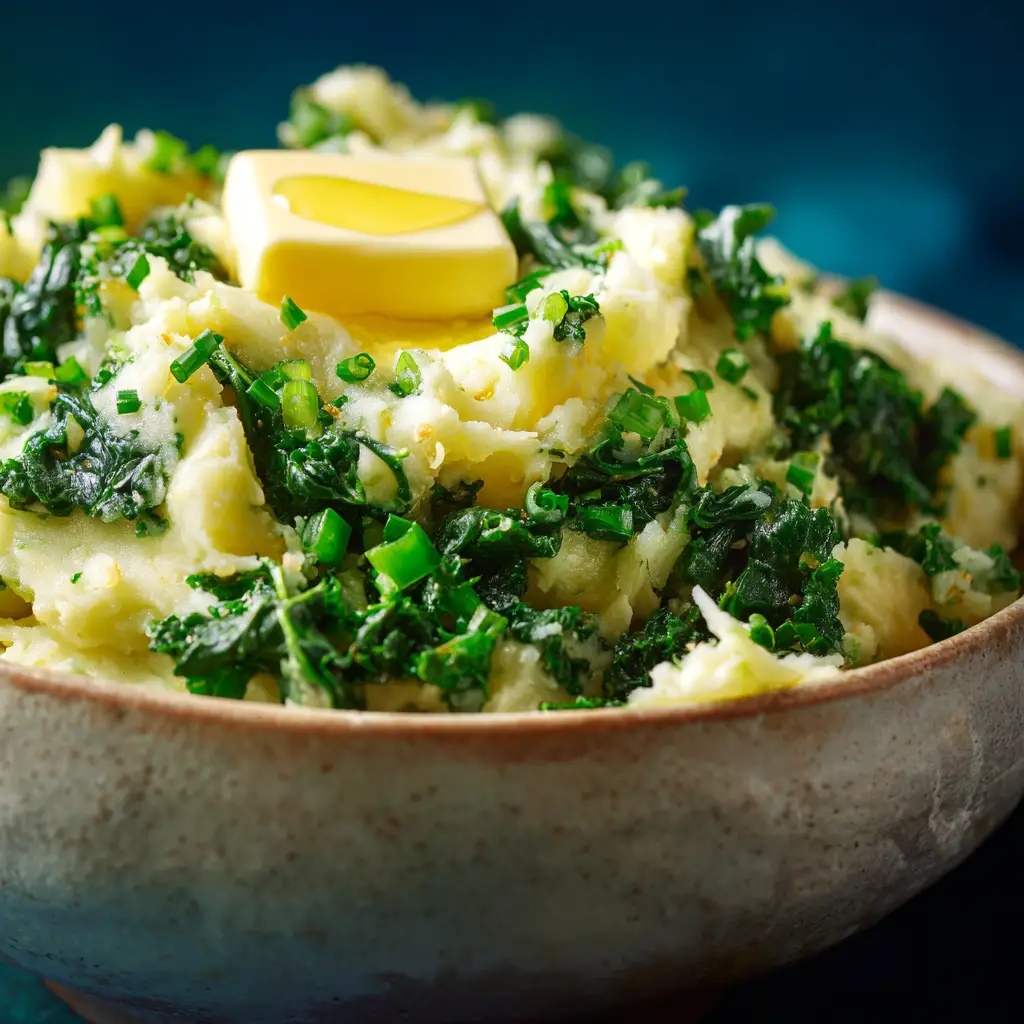A beautiful bowl of finished Irish Colcannon, showcasing the vibrant green kale mixed into the buttery mashed potatoes, ready to be served.