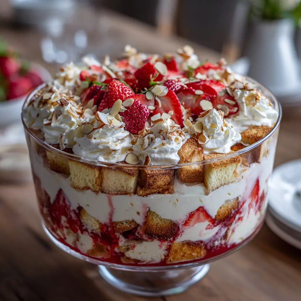 The full Strawberry Heaven on Earth Cake in a 9x13 baking dish, garnished with fresh sliced strawberries and whipped topping.
