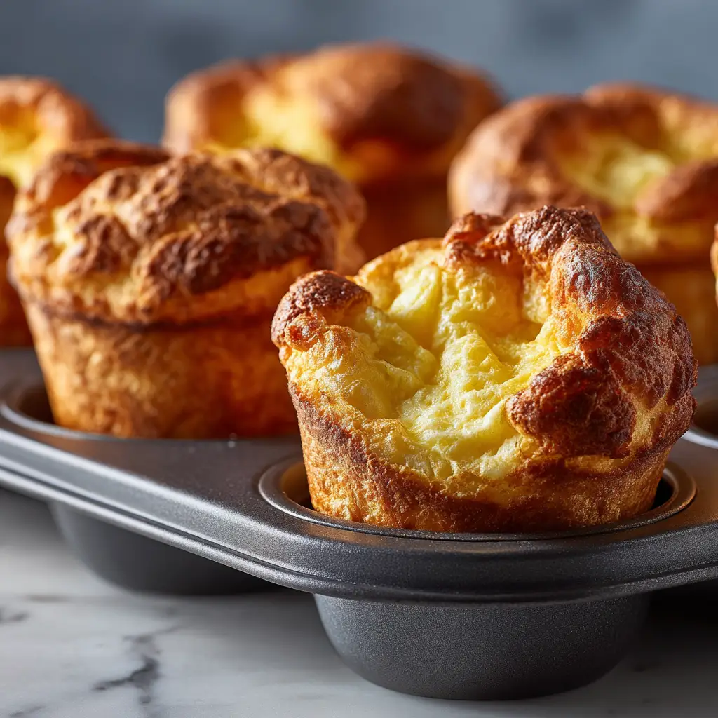 A batch of tall, fluffy popovers fresh from the oven in a standard muffin tin.