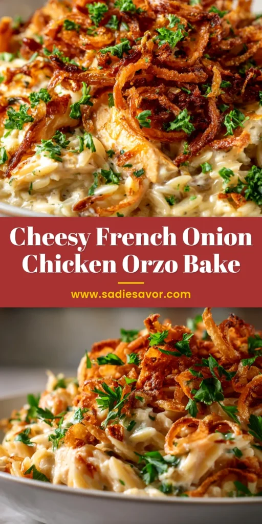 A large skillet of French Onion Chicken Orzo Casserole with a golden, bubbly cheese crust, garnished with fresh parsley.