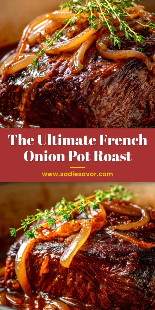 A close-up overhead shot of a Dutch oven filled with tender French Onion Pot Roast, topped with perfectly melted, bubbly Gruyere cheese and fresh thyme.