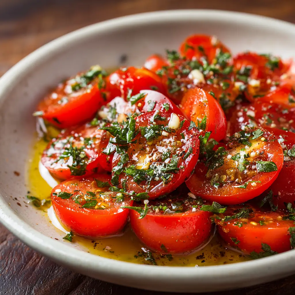 An extreme close-up shot of fresh cherry tomatoes and minced garlic, key ingredients for a marinated tomato salad.