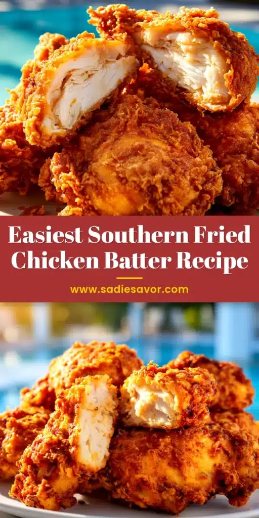 An overhead shot of a platter of perfectly golden-brown fried chicken made with the best fried chicken batter recipe. The chicken is crispy and piled high, ready to be served.
