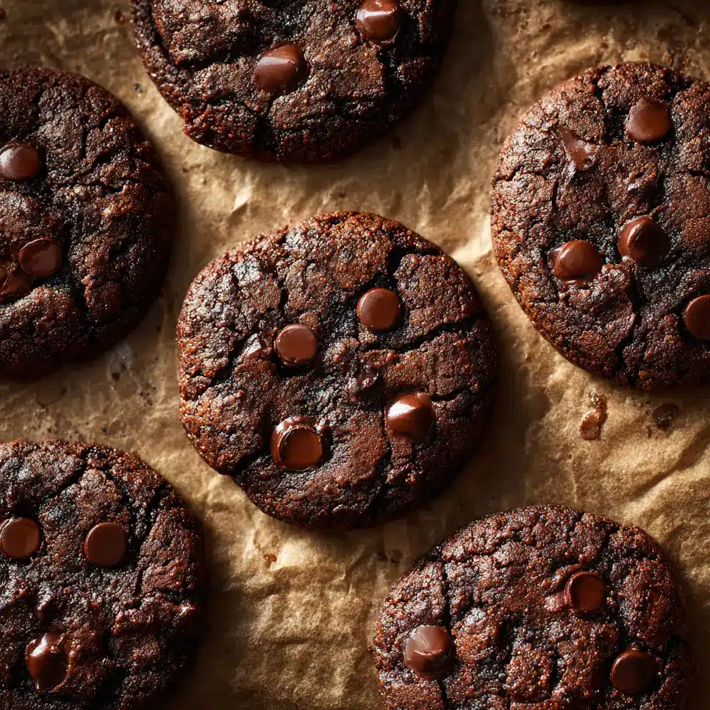A close-up of a chewy double chocolate chip cookie broken in half to show the melted chocolate chips inside.