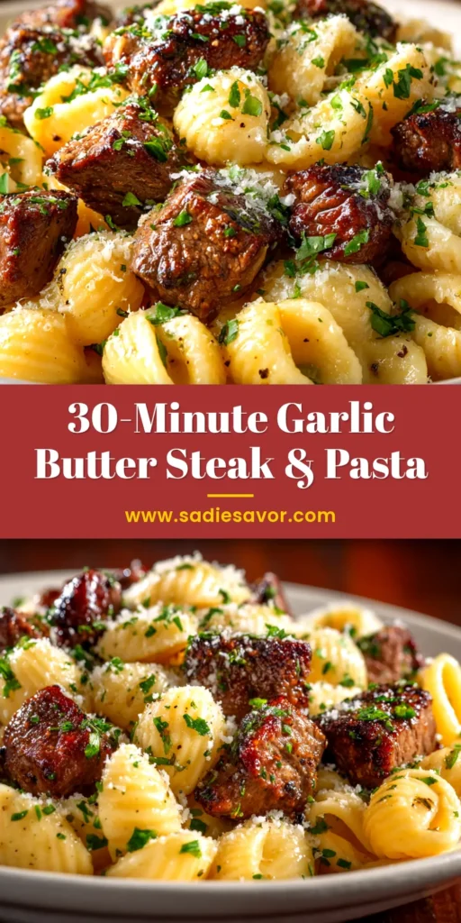 A skillet full of sizzling Garlic Butter Steak Bites, garnished with fresh parsley. The steak is perfectly seared and coated in a glistening butter sauce.