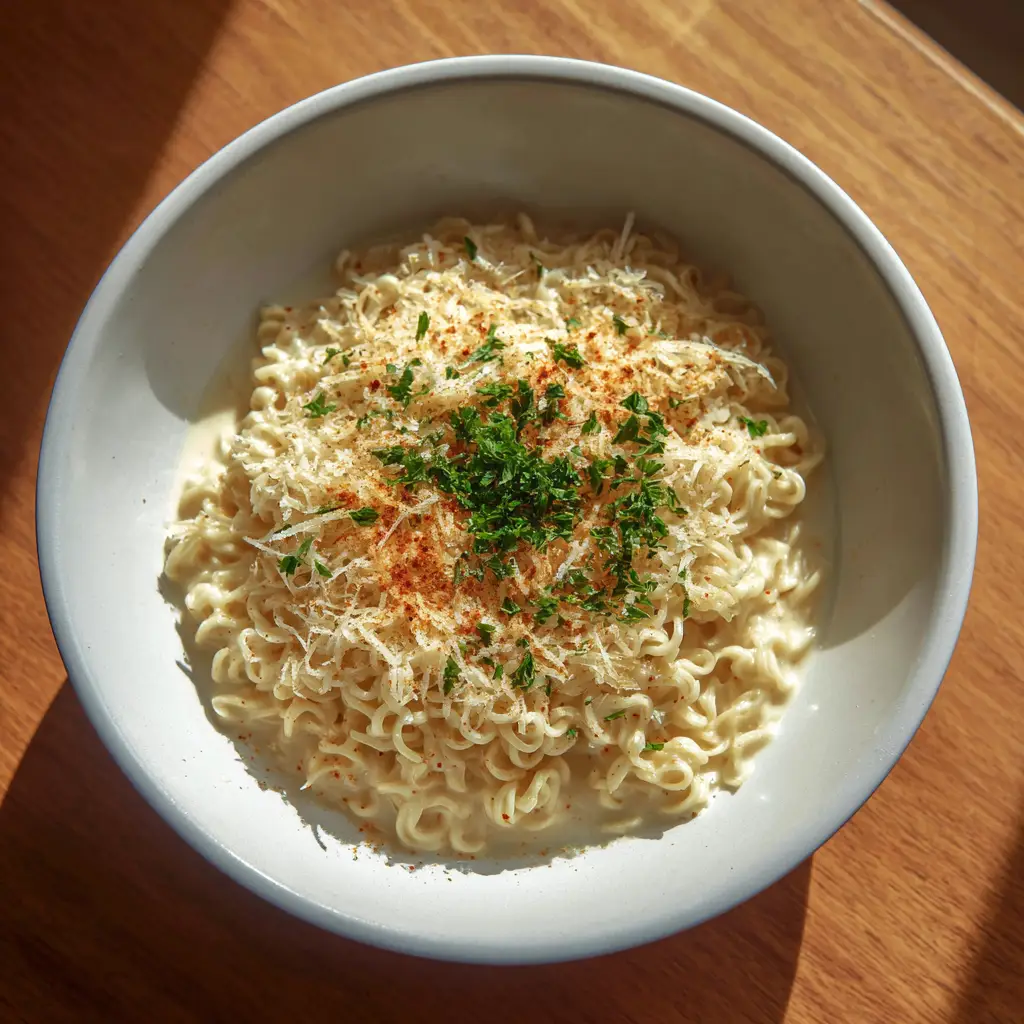 Garlic Parmesan Ramen (The Creamiest 15-Minute Recipe!) 1 A close-up photograph of garlic parmesan ramen, with a fork twirling the cheesy noodles, showcasing the creamy sauce.