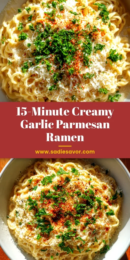 Garlic Parmesan Ramen (The Creamiest 15-Minute Recipe!) 4 A close-up shot of creamy garlic parmesan ramen in a white bowl, garnished with fresh parsley. This quick 15-minute recipe is the perfect instant ramen upgrade.