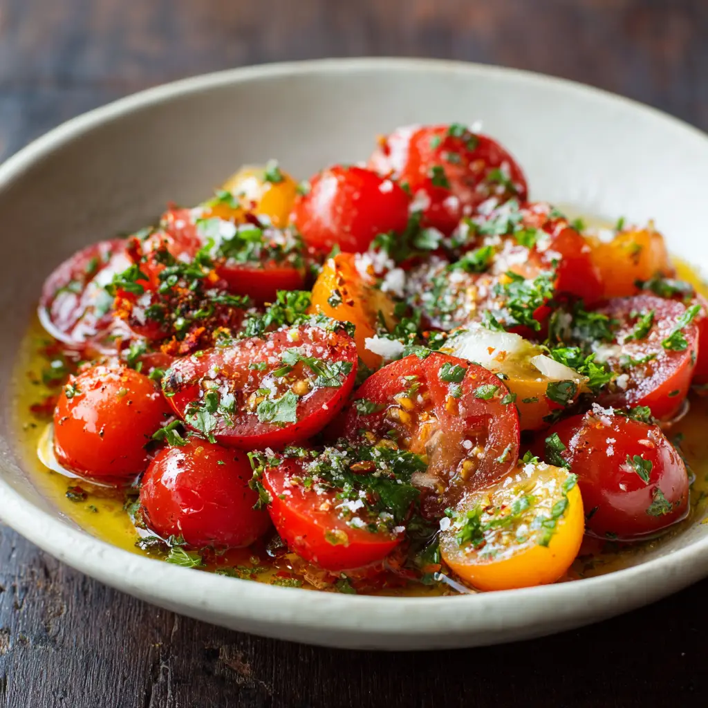 A close-up of the garlic vinaigrette being poured over a bowl of halved cherry tomatoes for the salad.