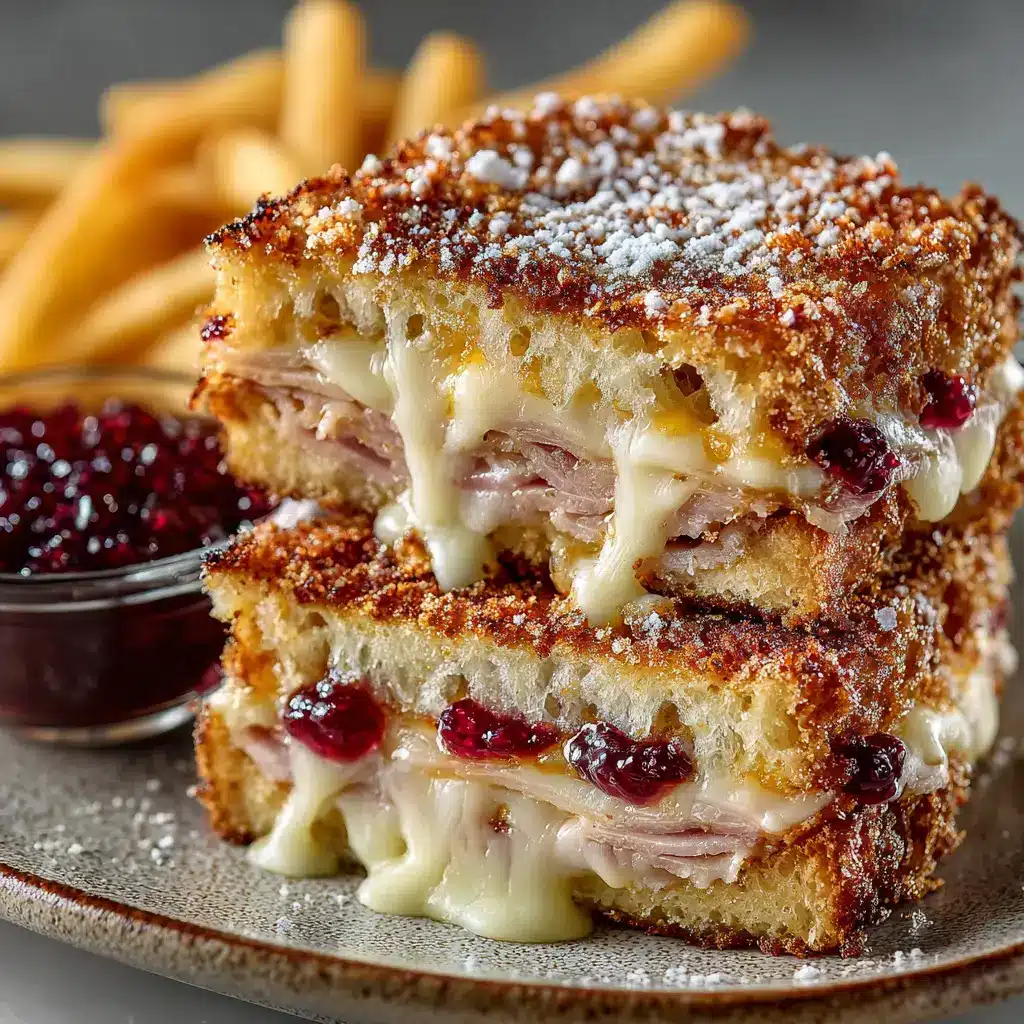 Two halves of a golden-fried Monte Cristo Sandwich stacked on a plate, showing the melted cheese and layers of ham and turkey inside.