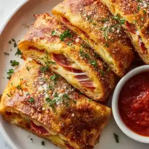 An extreme close-up shot of a golden-brown baked stromboli crust, brushed with garlic herb butter.