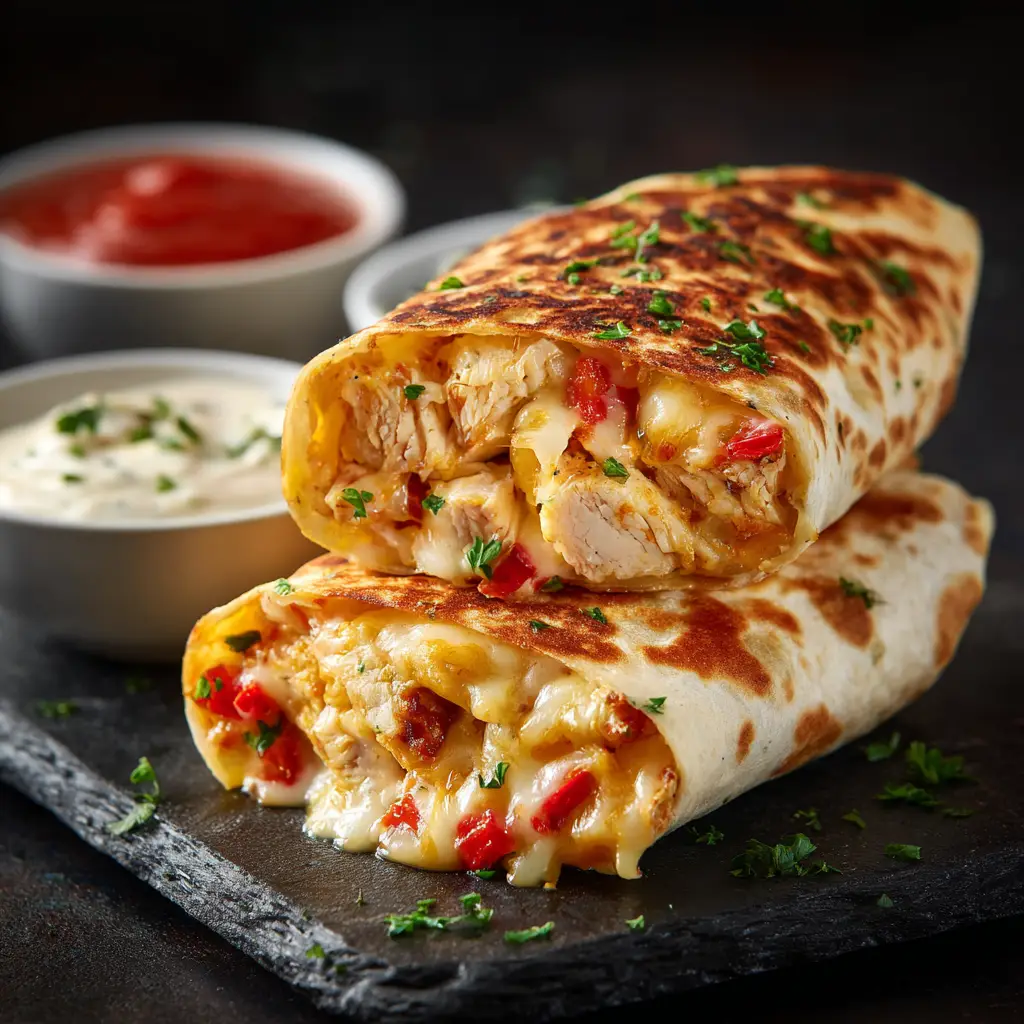 Two finished cheesy garlic chicken wraps stacked on a plate, garnished with fresh parsley, with one cut open to reveal the melted mozzarella.