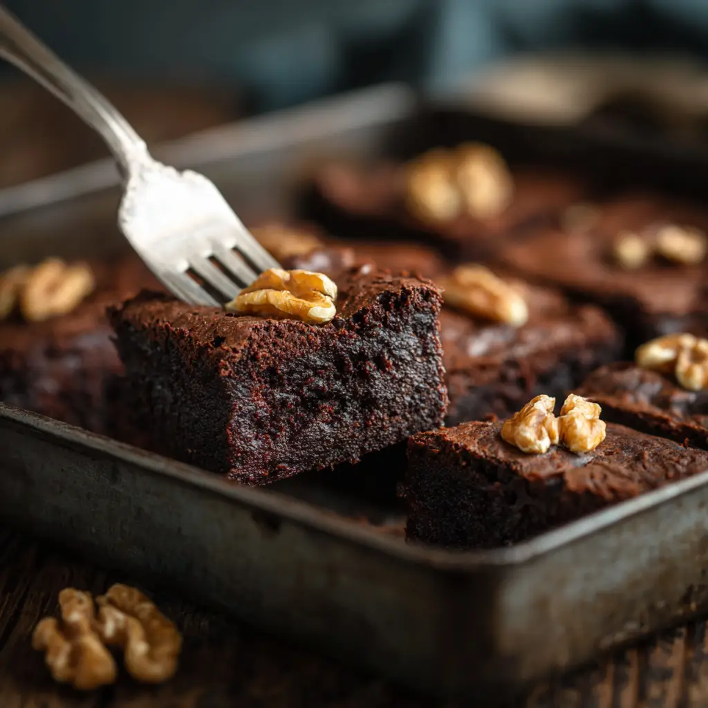 An extreme close-up shot of a gooey vegan sweet potato brownie, highlighting its rich, dark chocolate texture and melted chocolate chips.
