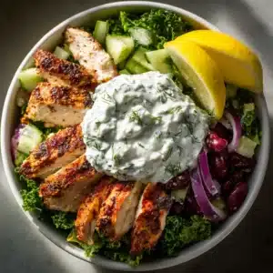 An overhead close-up shot of a Greek chicken salad highlighting the fresh ingredients like cherry tomatoes, crisp cucumber, and creamy feta cheese.