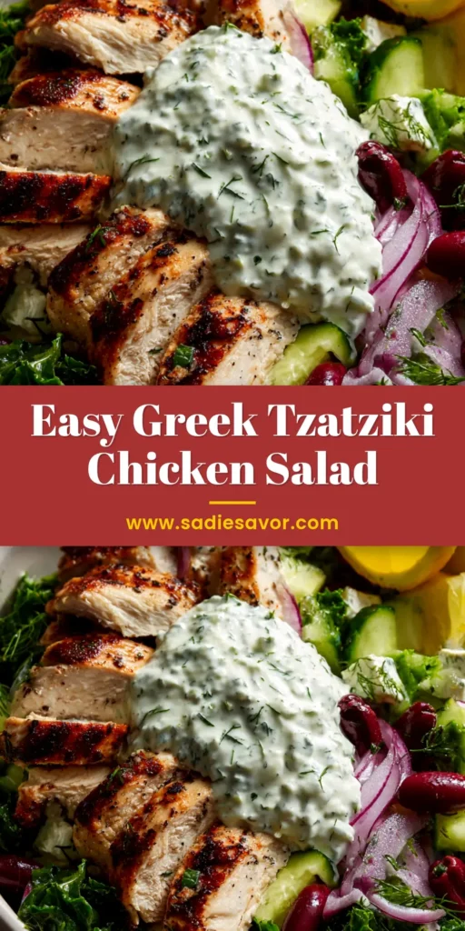 A vibrant and healthy Greek chicken salad in a white bowl, packed with chicken, tomatoes, cucumbers, olives, and feta, with a fork ready to dig in.