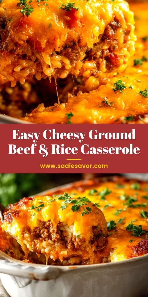 A close-up overhead shot of a cheesy Ground Beef and Rice Casserole in a white baking dish, garnished with fresh parsley.