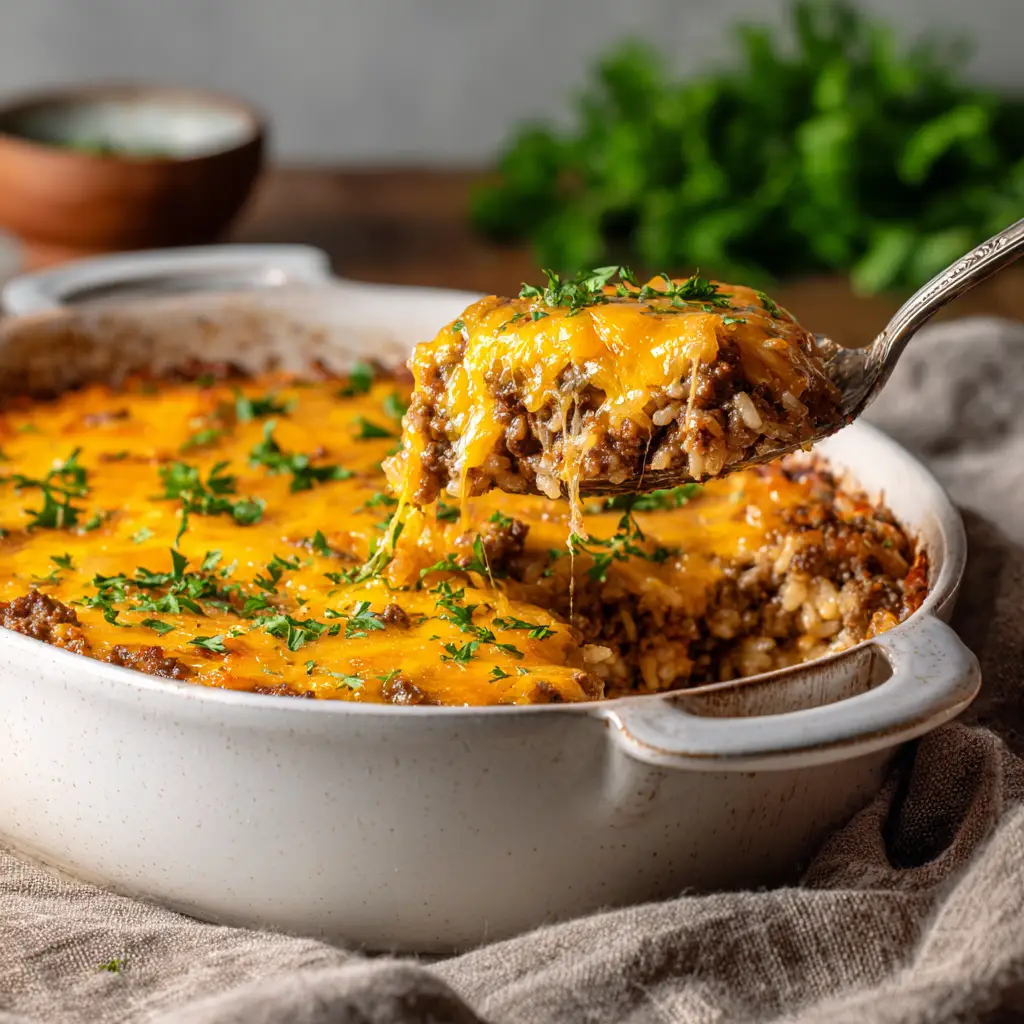 The ingredients for the ground beef and rice bake laid out on a countertop, including ground beef, rice, cheddar cheese, and beef broth.