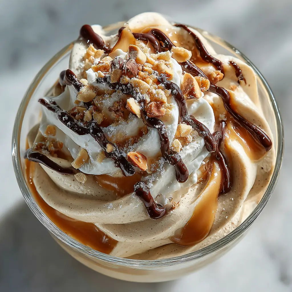 Two glasses of healthy peanut butter mousse topped with crushed peanuts, ready to be served as a delicious, high-protein dessert.