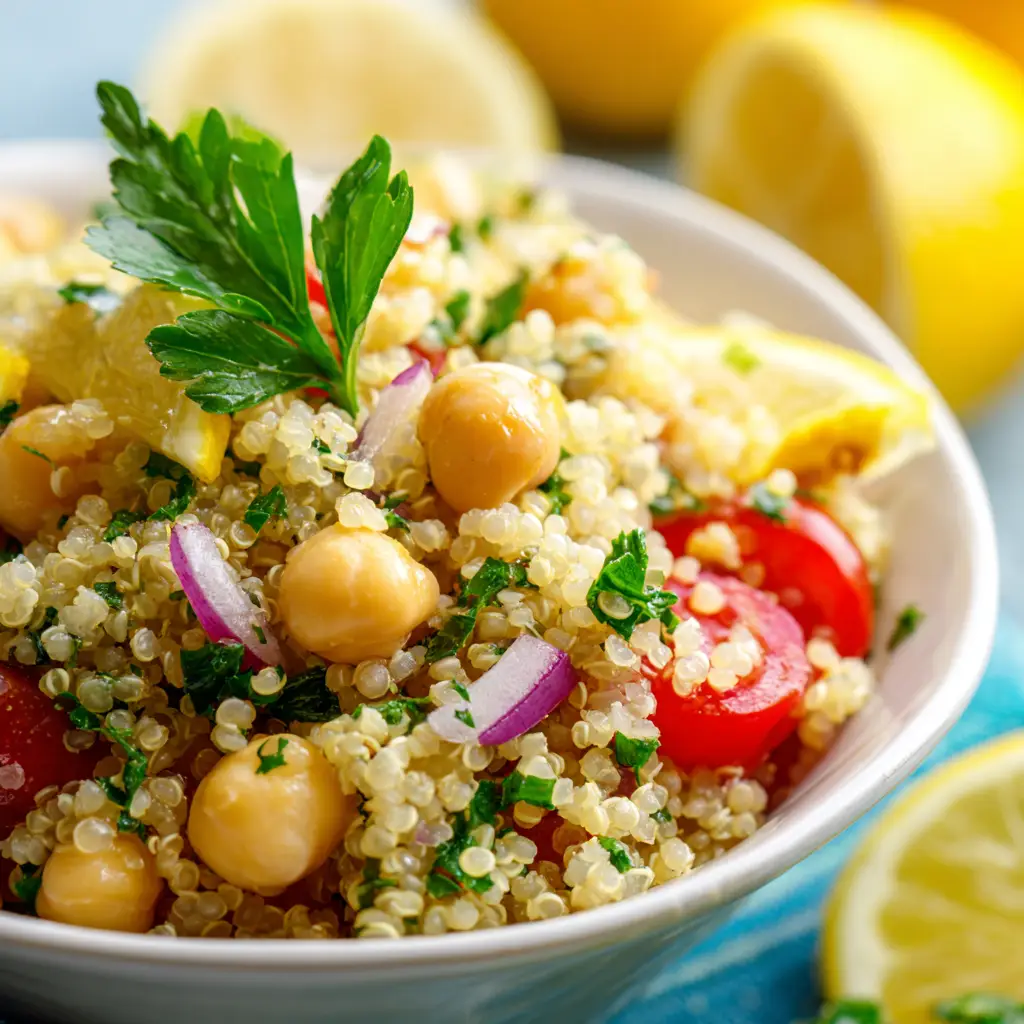 A large bowl of healthy quinoa salad with lemon dressing being drizzled over the top, showcasing the assembly step of the recipe.