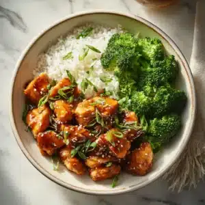 A close-up view of a healthy chicken rice bowl with homemade teriyaki sauce, showcasing the juicy chicken and fresh vegetable toppings.