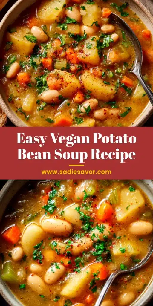 A close-up shot of a bowl of hearty potato bean soup, garnished with fresh parsley and served with a side of crusty bread.