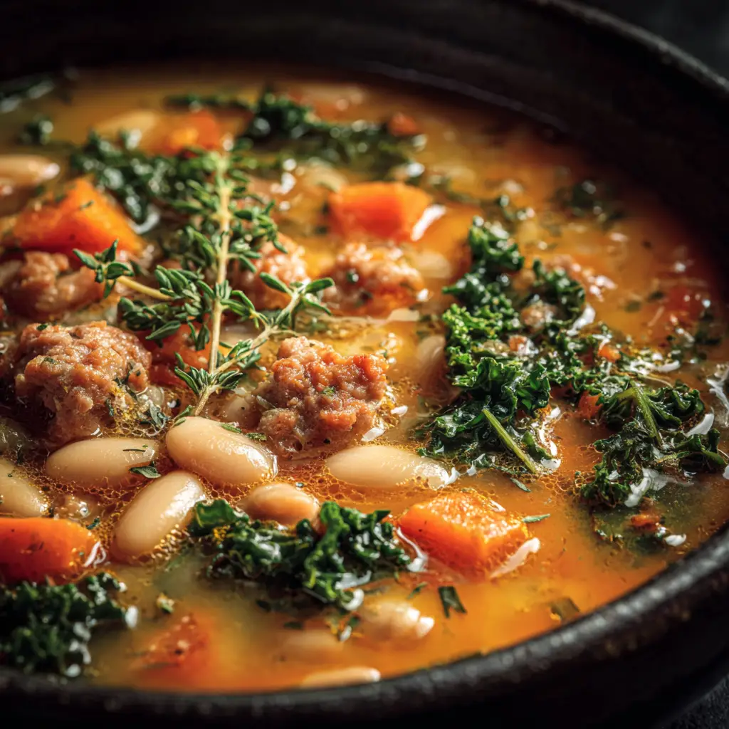 Italian Sausage Cannellini Bean Soup (The Best Easy Recipe!) 2 A close-up overhead shot of sausage and white bean soup in a bowl, showing the texture of the broth, beans, sausage, and greens.
