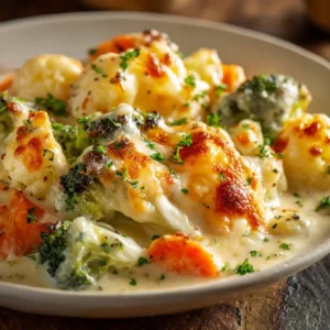 A close-up spoonful of the hearty vegetable bake, showing the creamy cheese sauce coating the tender roasted vegetables.