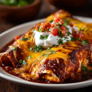 A close-up serving of homemade chicken enchiladas on a white plate, topped with sour cream and cilantro.