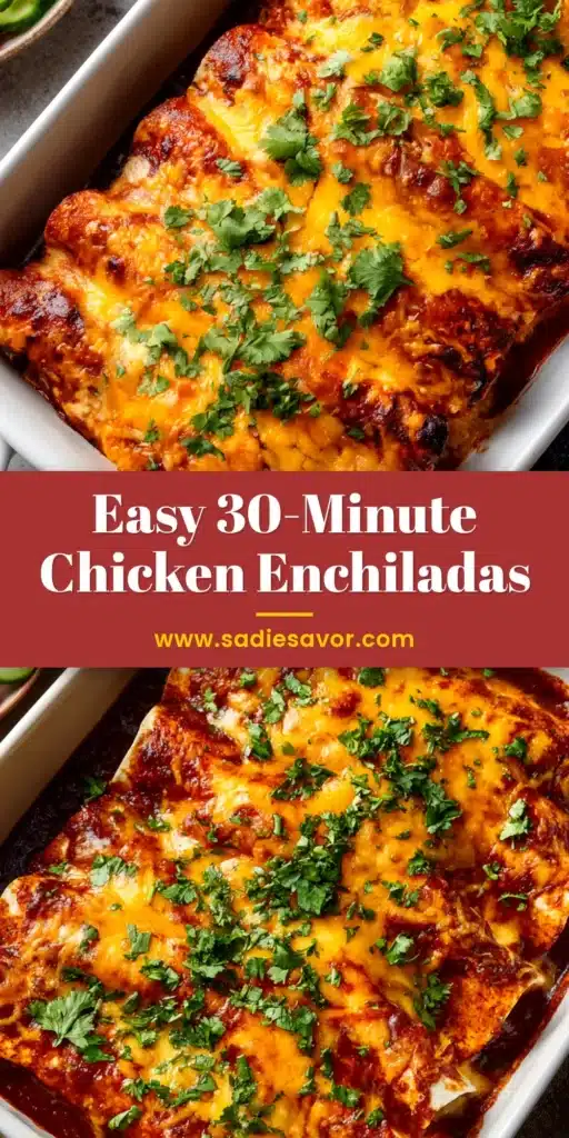 A pan of delicious homemade chicken enchiladas, fresh out of the oven, covered in red sauce and melted cheese, and garnished with fresh cilantro.