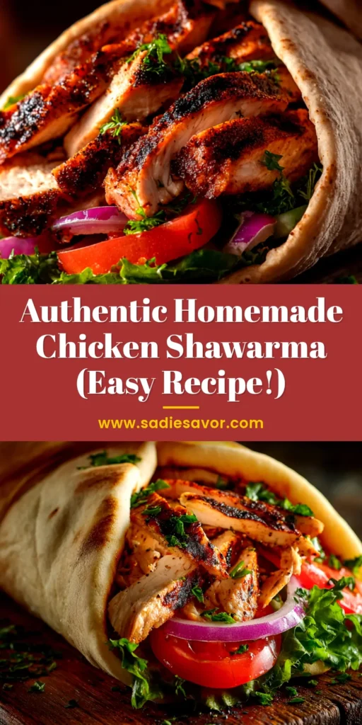 A delicious homemade chicken shawarma recipe wrap sliced in half, showing juicy roasted chicken, fresh vegetables, and a creamy white garlic sauce.