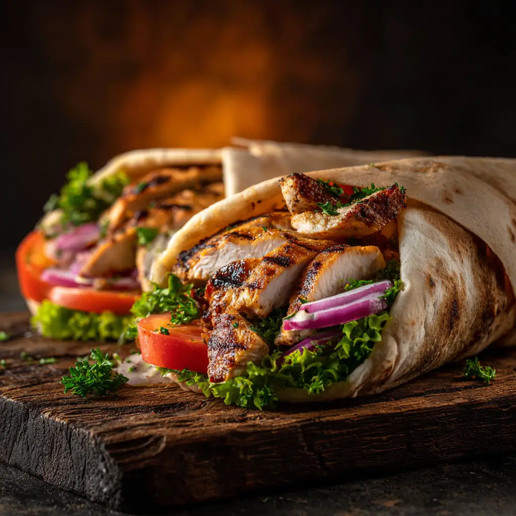 A close-up view of a homemade chicken shawarma wrap filled with tender chicken, crisp lettuce, and fresh tomatoes, ready to be eaten.