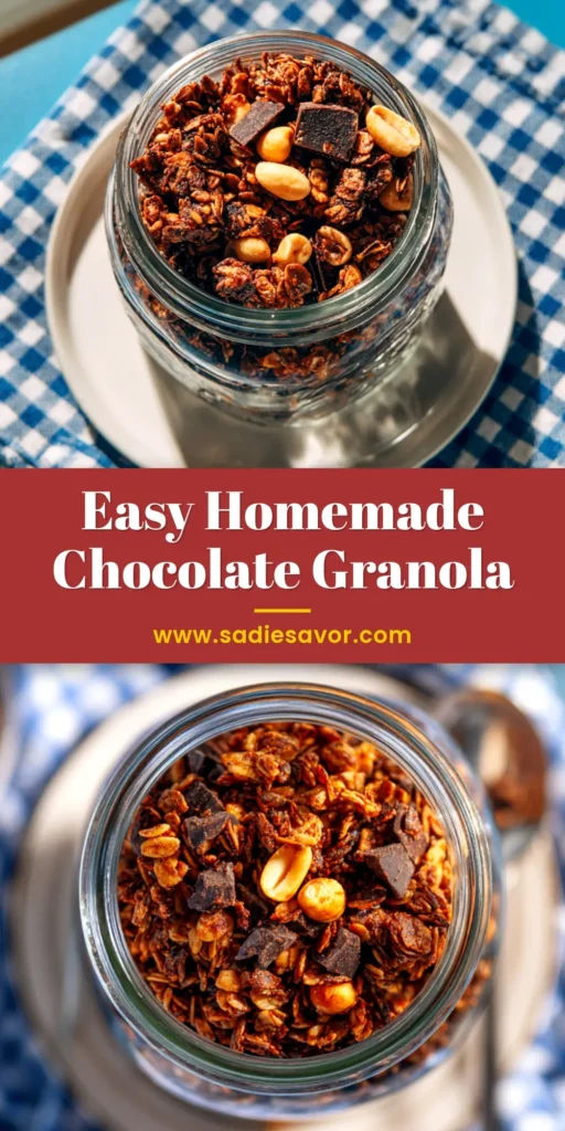 A beautiful overhead shot of homemade chocolate granola with large crunchy clusters, nuts, and chocolate chips scattered on a baking sheet.