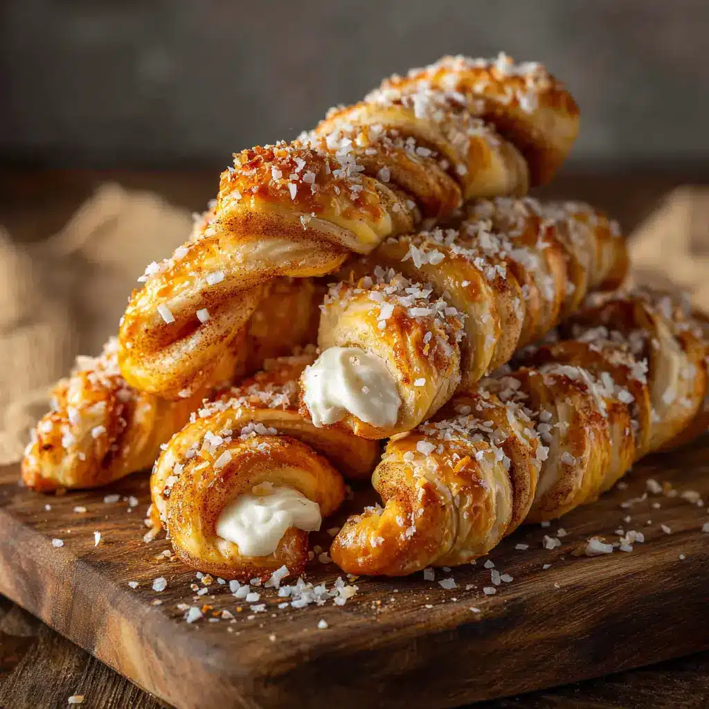 A close-up of several homemade cinnamon twists fresh from the oven, showing their flaky layers and golden-brown color before being glazed.