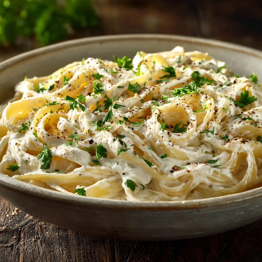 A beautiful serving of cream cheese alfredo in a rustic bowl, garnished with freshly cracked black pepper and parsley.